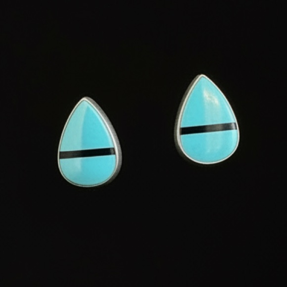 Native Zuni‎ Turquoise Teardrop Inlay Stud Earrings - sterling silver